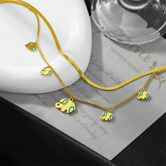 Color Drawing 5 Elephants Charm 2-Layer Choker Necklaces - Picture 5 of 6